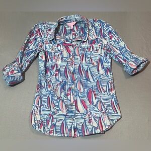 Lilly Pulitzer Cruiser Resort White Red Right Return Sailboat Print Shirt Size 0